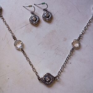 Silver Necklace With Clear Gemstones and Earring Set